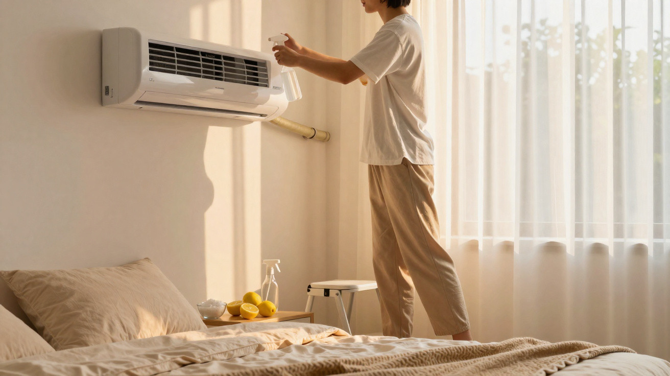 Person cleaning a wall-mounted air conditioner in a sunlit bedroom with beige bedding and sheer curtains.