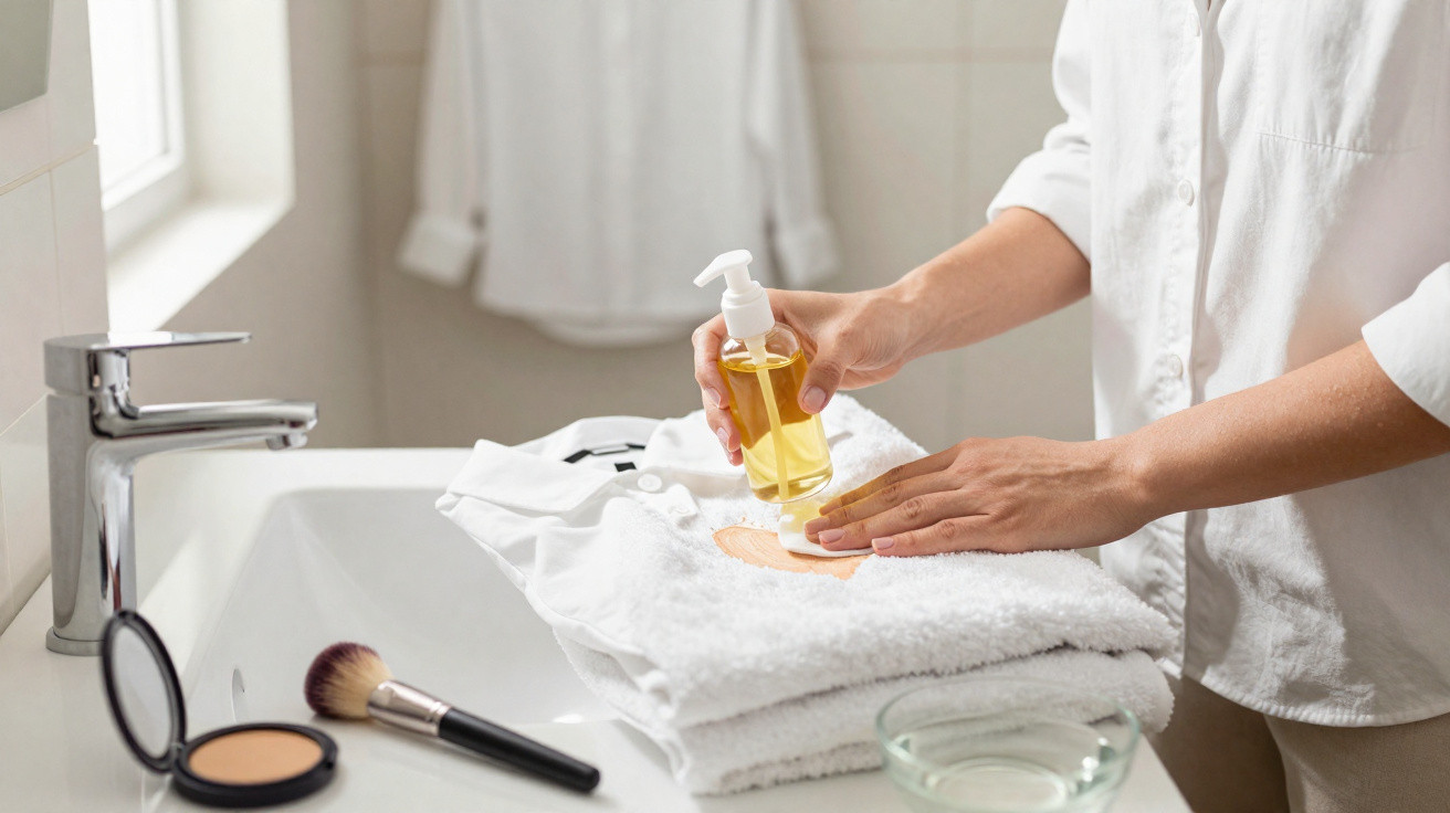 Person dispensing liquid soap onto hands over folded white towels on a bathroom sink countertop.