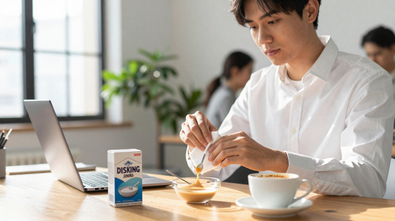 Man in white shirt stirring condensed milk into a small glass bowl at a wooden table with laptop and coffee cup.