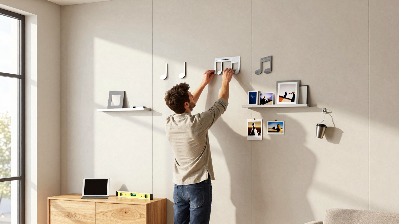 Man hanging decorative musical notes and pictures on a white wall in a well-lit living room.