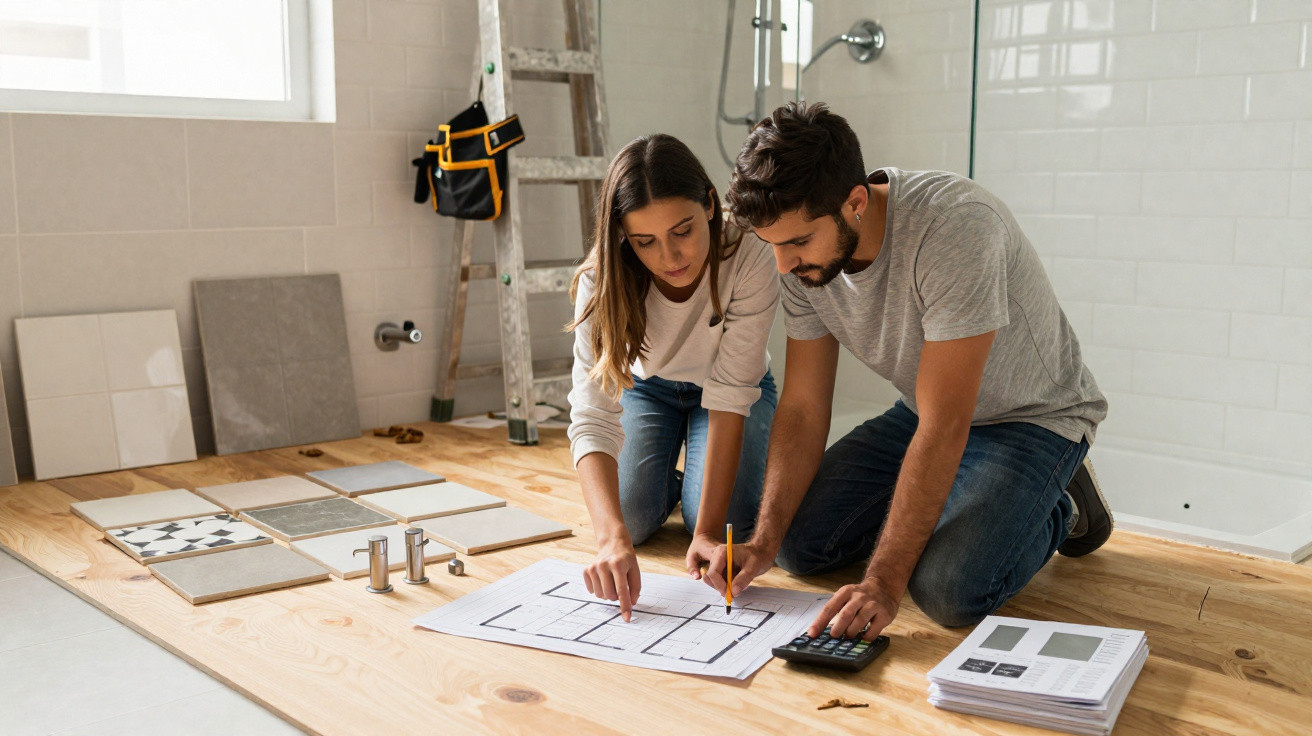 Couple kneeling on wooden floor planning renovation with floor tiles, blueprint, calculator, and tools around them.