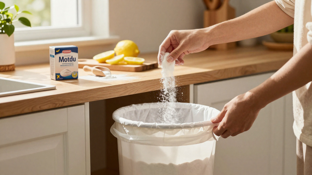 Person sprinkling pourable powder into a lined kitchen bin with lemons and box on wooden countertop.