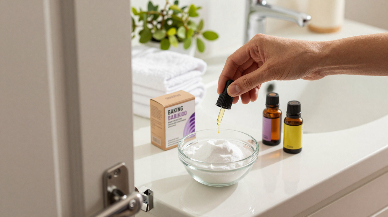 Hand holding dropper with oil dropping into a glass bowl of white powder on bathroom counter with towels and bottles.