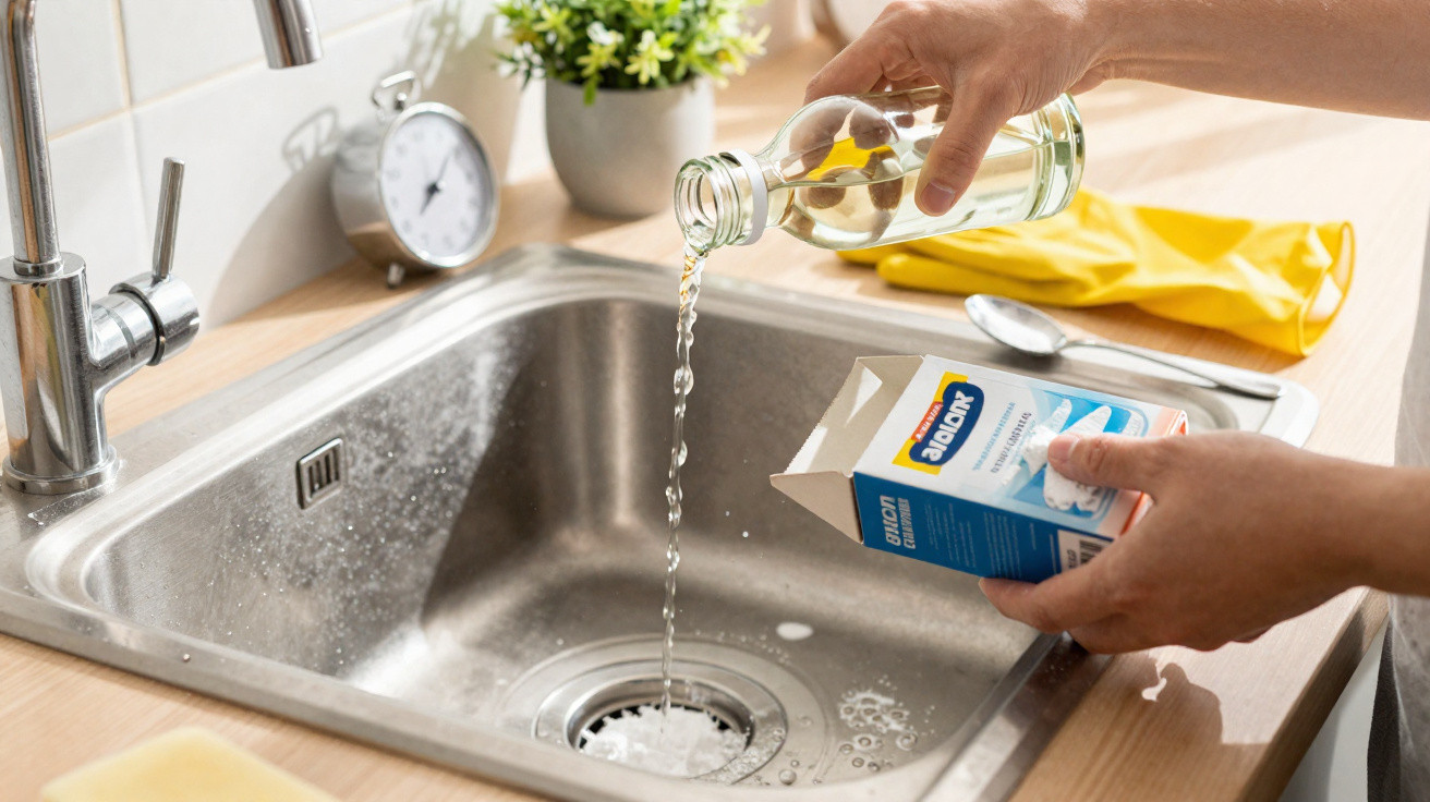 Hands pouring vinegar from a bottle into a stainless steel kitchen sink with cleaning gloves and a clock nearby.