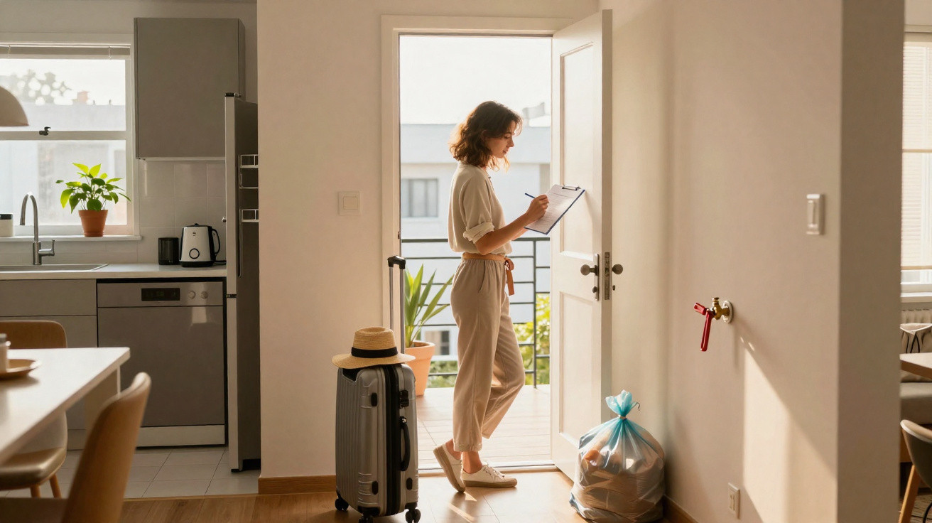 Woman standing at front door writing on clipboard with suitcase and bag in modern home interior.