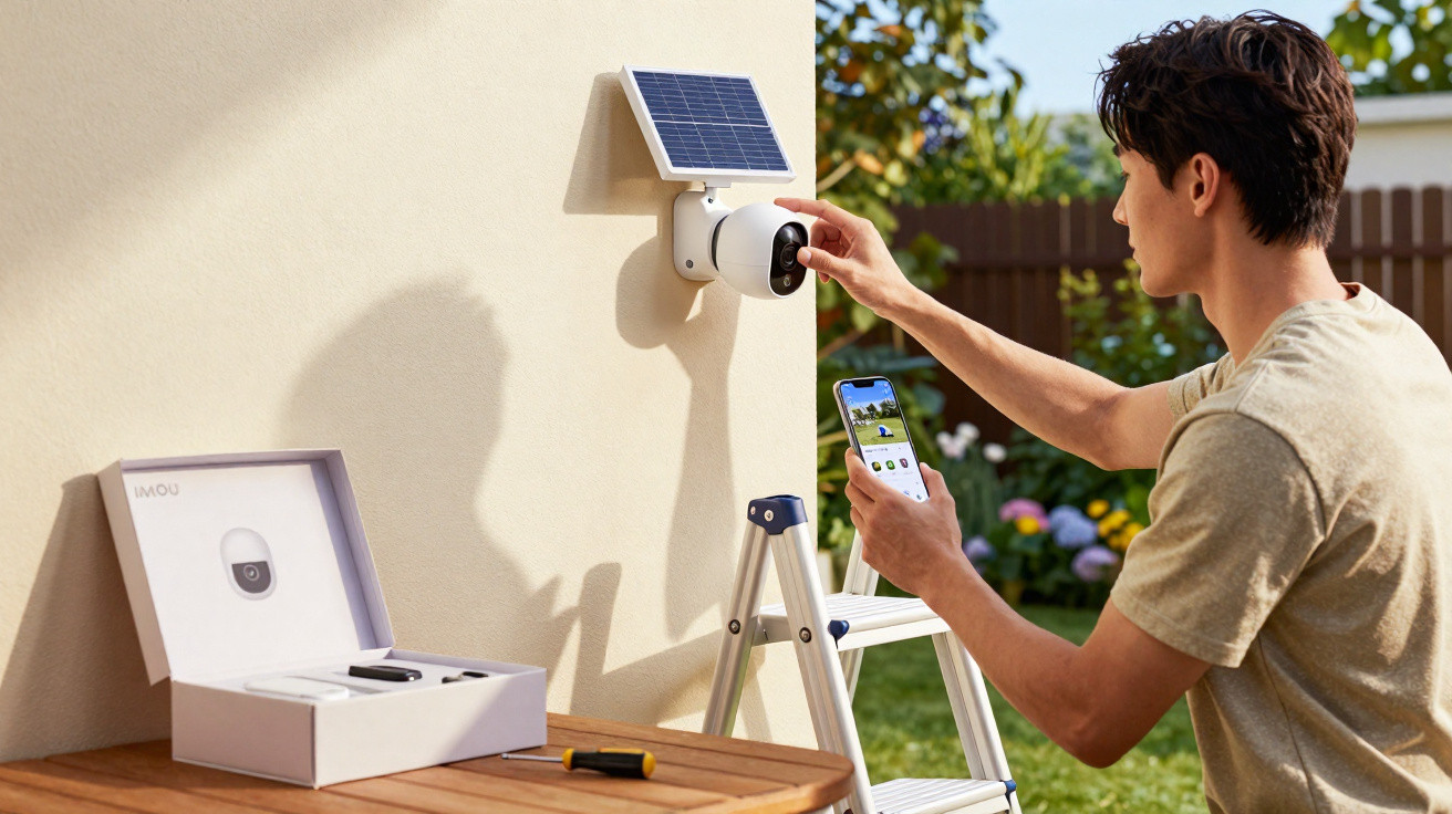 Man installing a solar-powered security camera on a wall using a smartphone app in a garden.