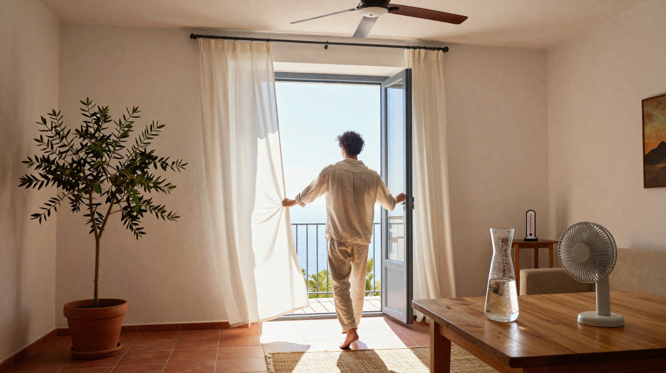 Person standing barefoot by open door with white curtains, overlooking sunny balcony and sea view.
