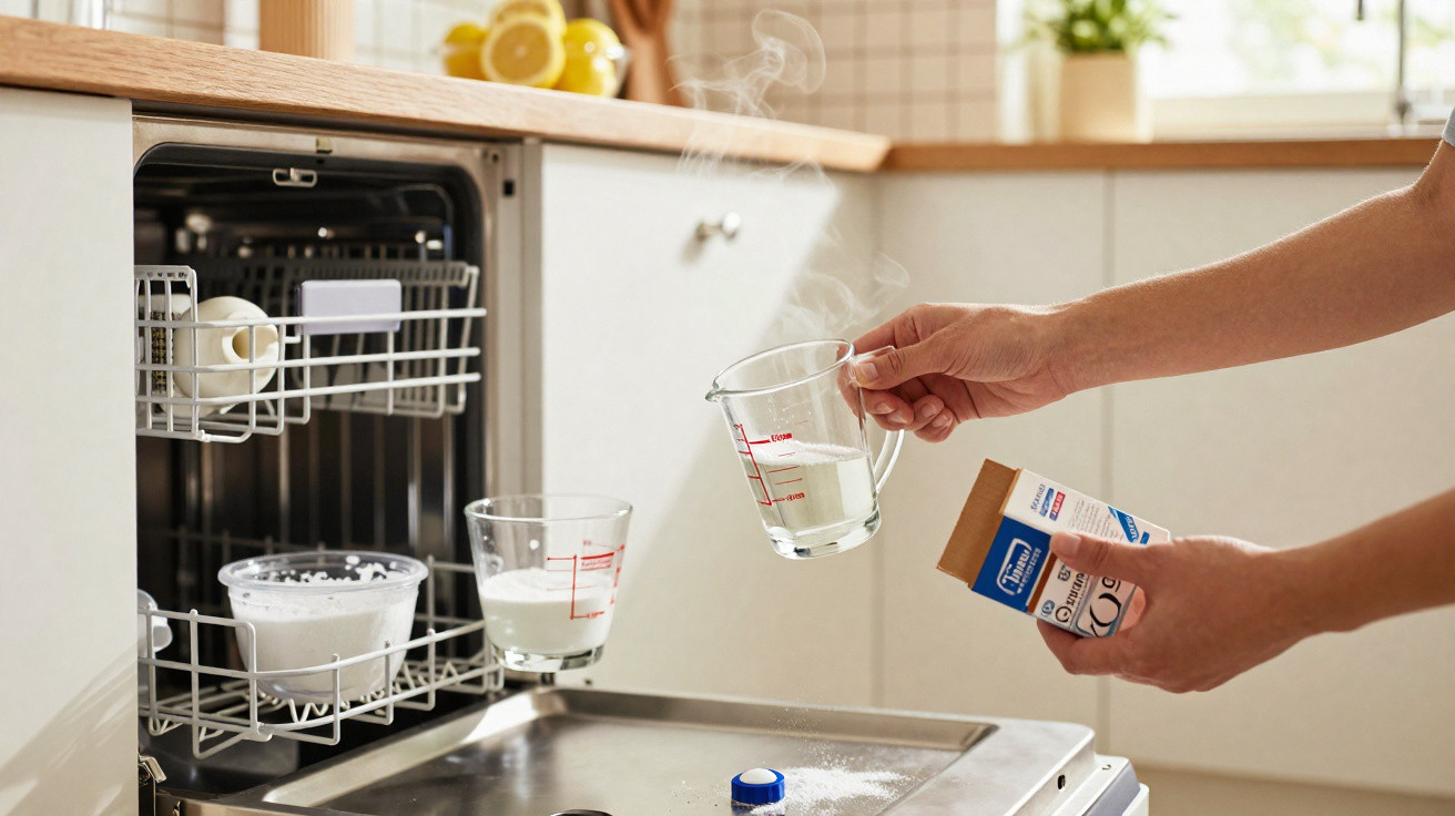 Person adding white powder to a measuring jug with steaming water above an open dishwasher in a kitchen.