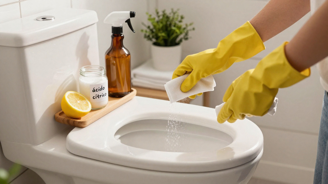Person wearing yellow gloves sprinkling natural cleaner onto a toilet seat in a bathroom.