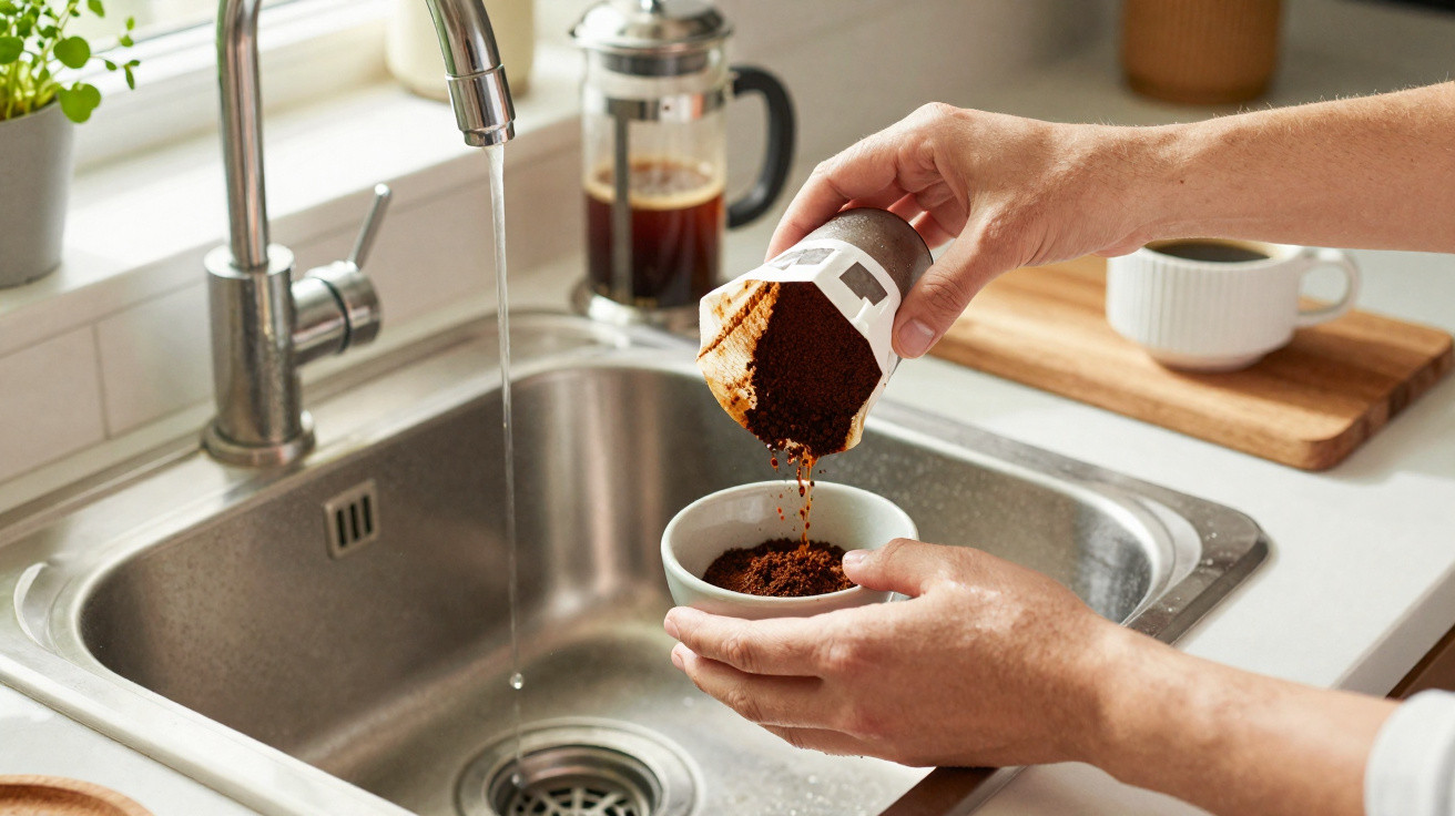 Person pouring coffee grounds from a disposable filter pouch into a white cup above a kitchen sink.
