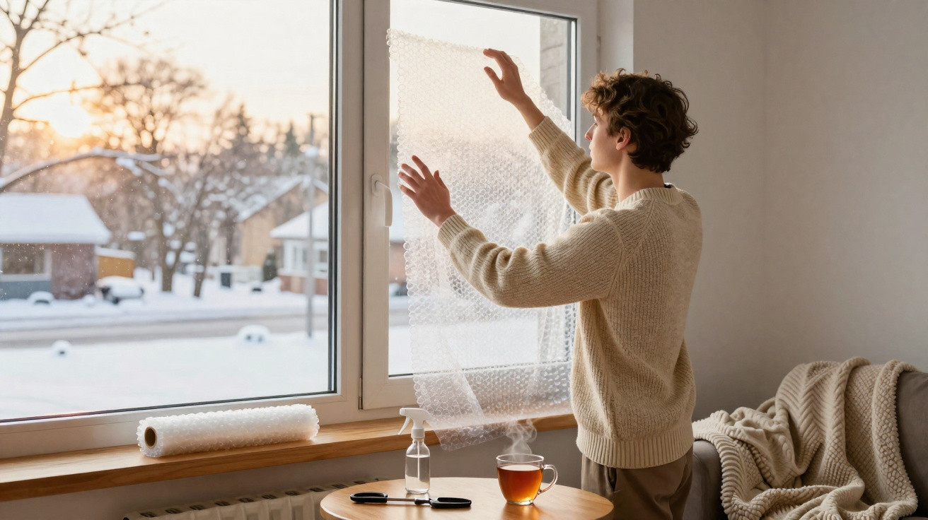 Person applying bubble wrap to a window for insulation in a cozy, snow-covered home at sunset.