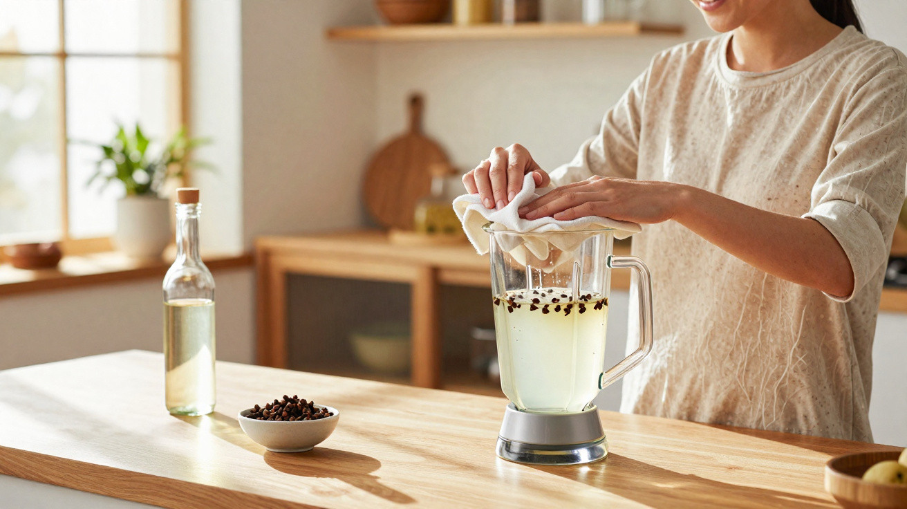 Person squeezing citrus fruit into a blender with liquid and coffee beans on a wooden kitchen counter
