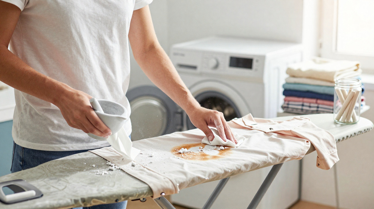 Person using powder to treat stain on shirt laid on ironing board in laundry room with washing machine in background.