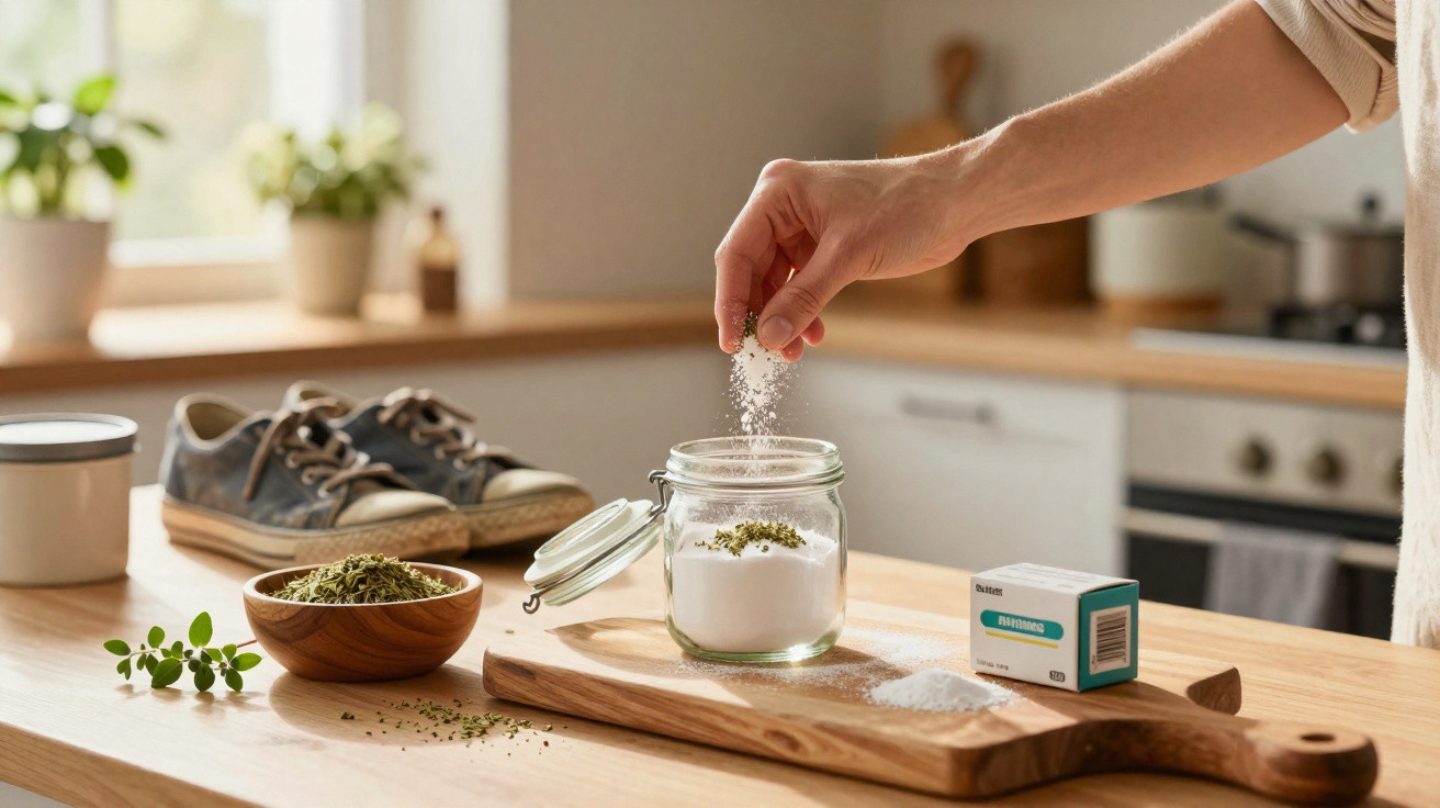 Person sprinkling salt from a jar onto a wooden board in a sunlit kitchen with shoes in the background.