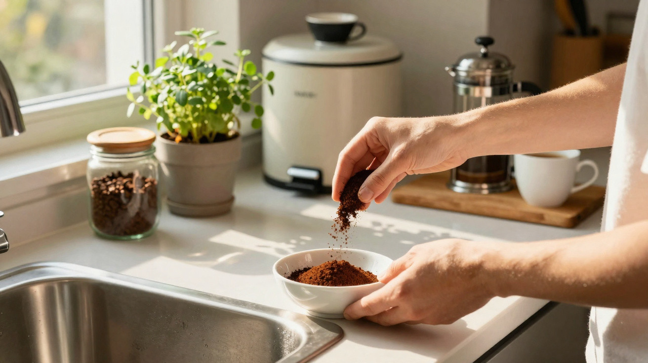Hands sprinkling ground coffee into a white bowl on a sunlit kitchen counter near a sink and coffee jar.