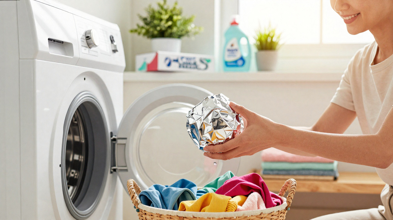 Person holding a crumpled aluminium foil ball over a laundry basket in front of a washing machine.