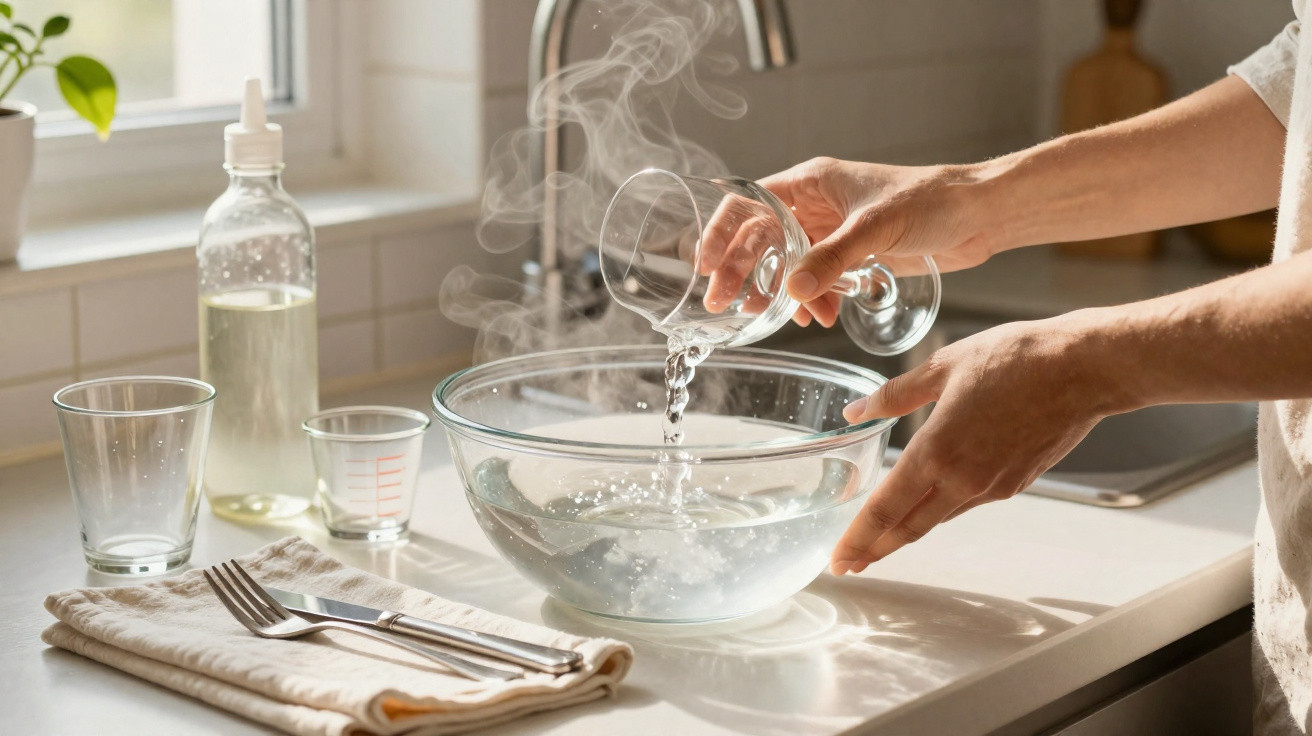 Person pouring steaming water from a glass into a large glass bowl on a kitchen countertop.