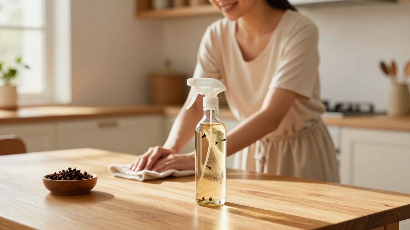 Spray bottle with natural cleaner on wooden kitchen table with person wiping surface in background.