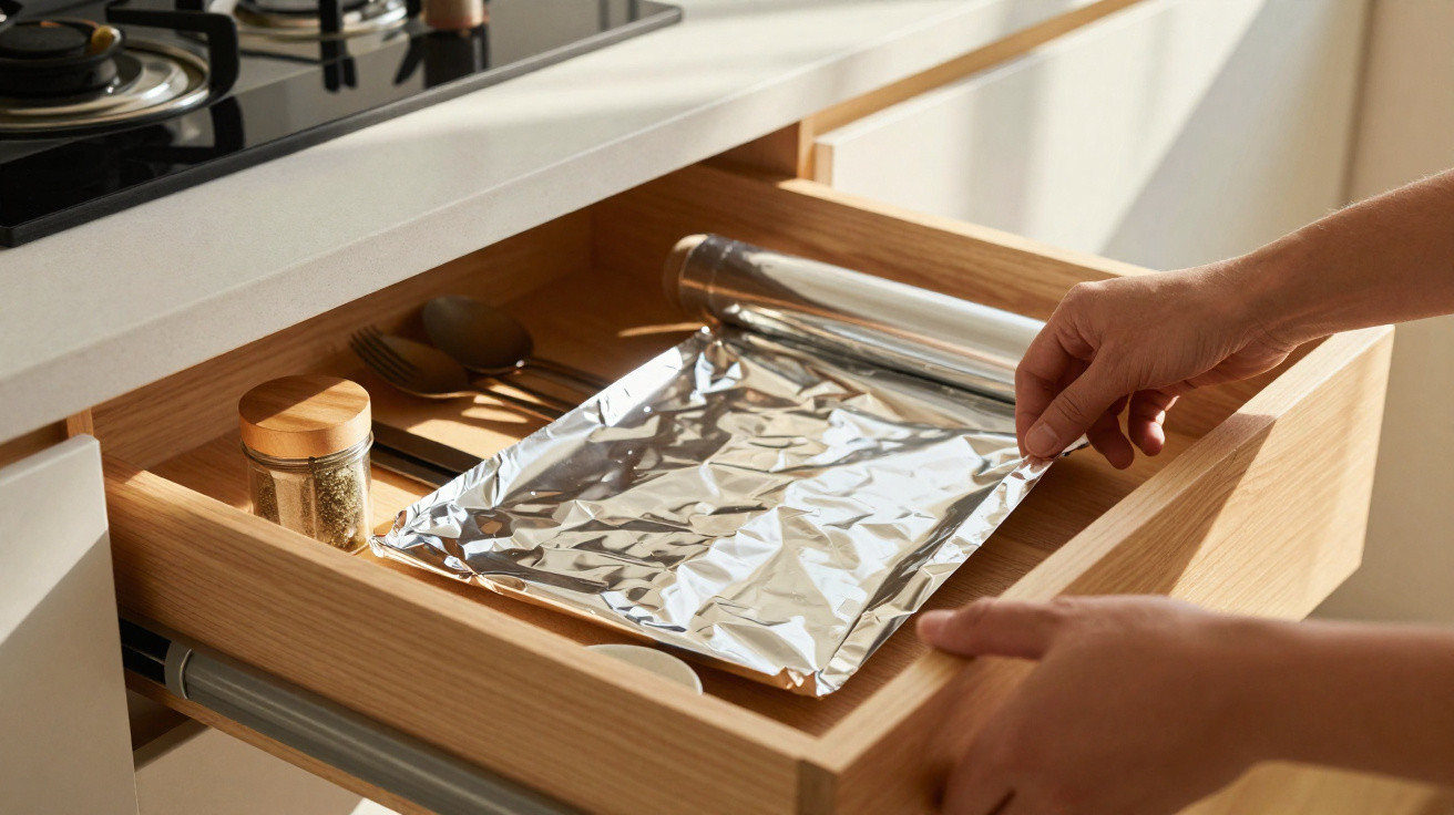 Person placing aluminium foil in a wooden kitchen drawer with cutlery and spice jar inside.