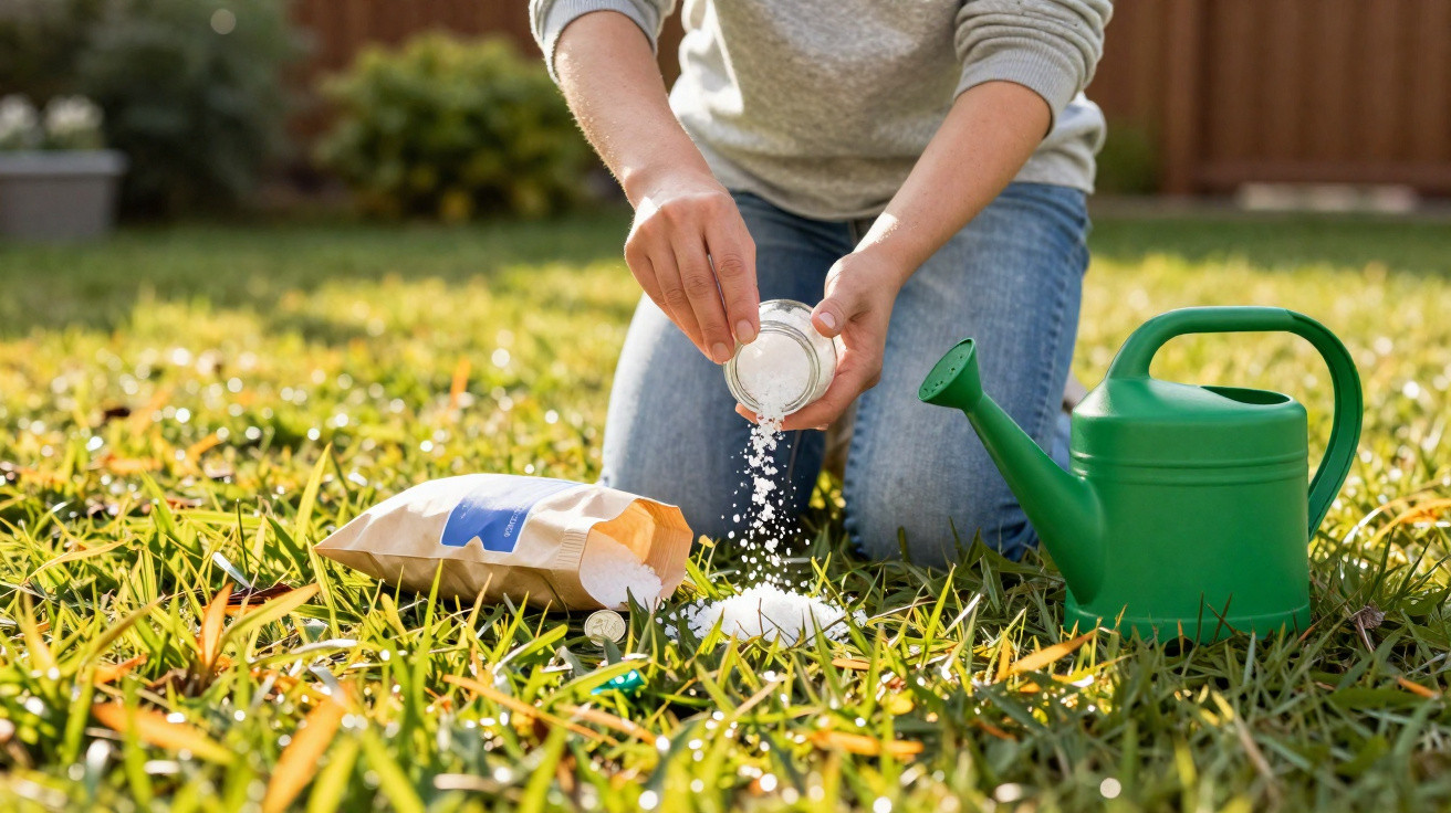 Person sprinkling white granular fertilizer on grass with a green watering can beside them outdoors.