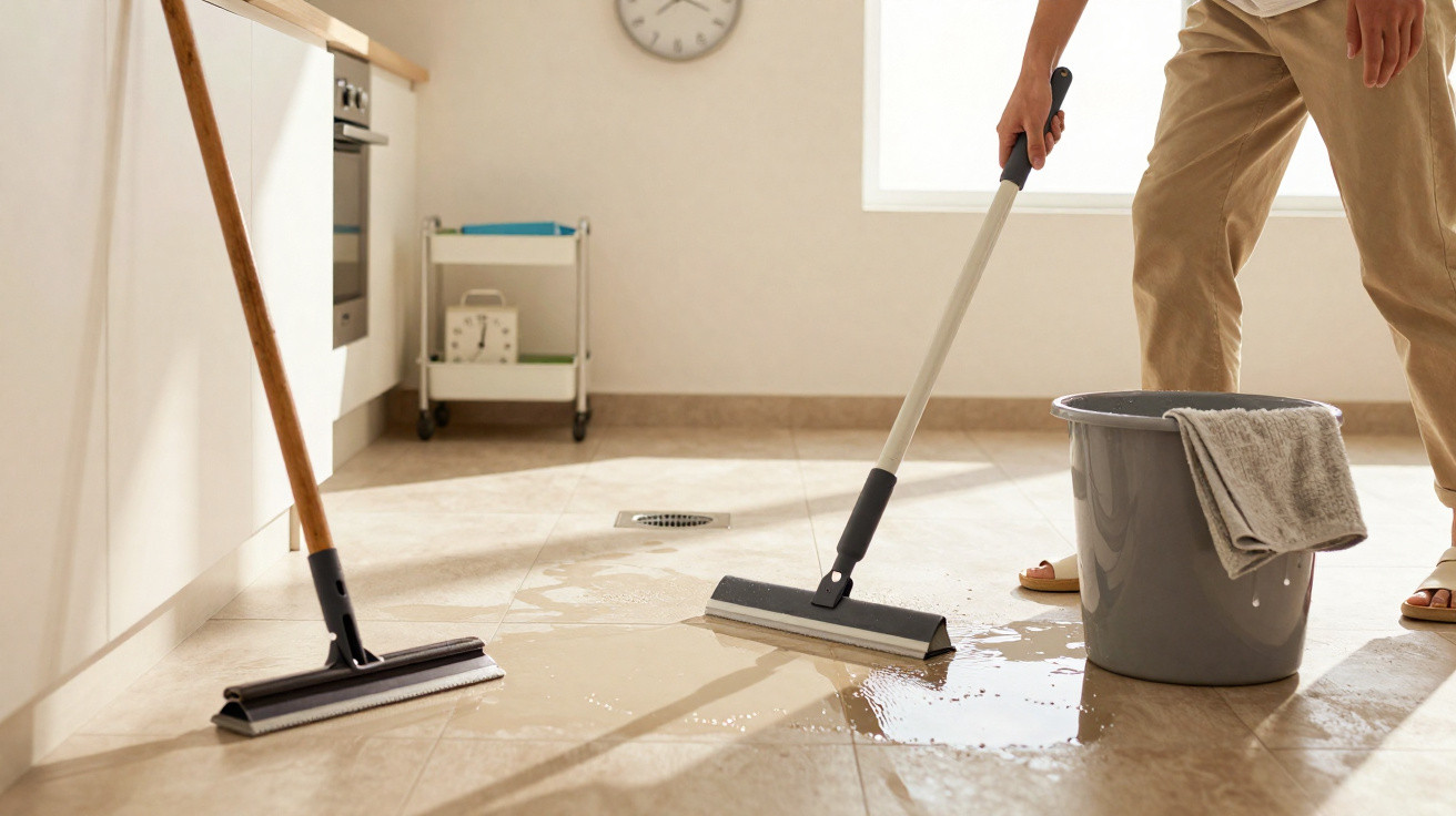 Person mopping a tiled kitchen floor with water and a grey bucket nearby.