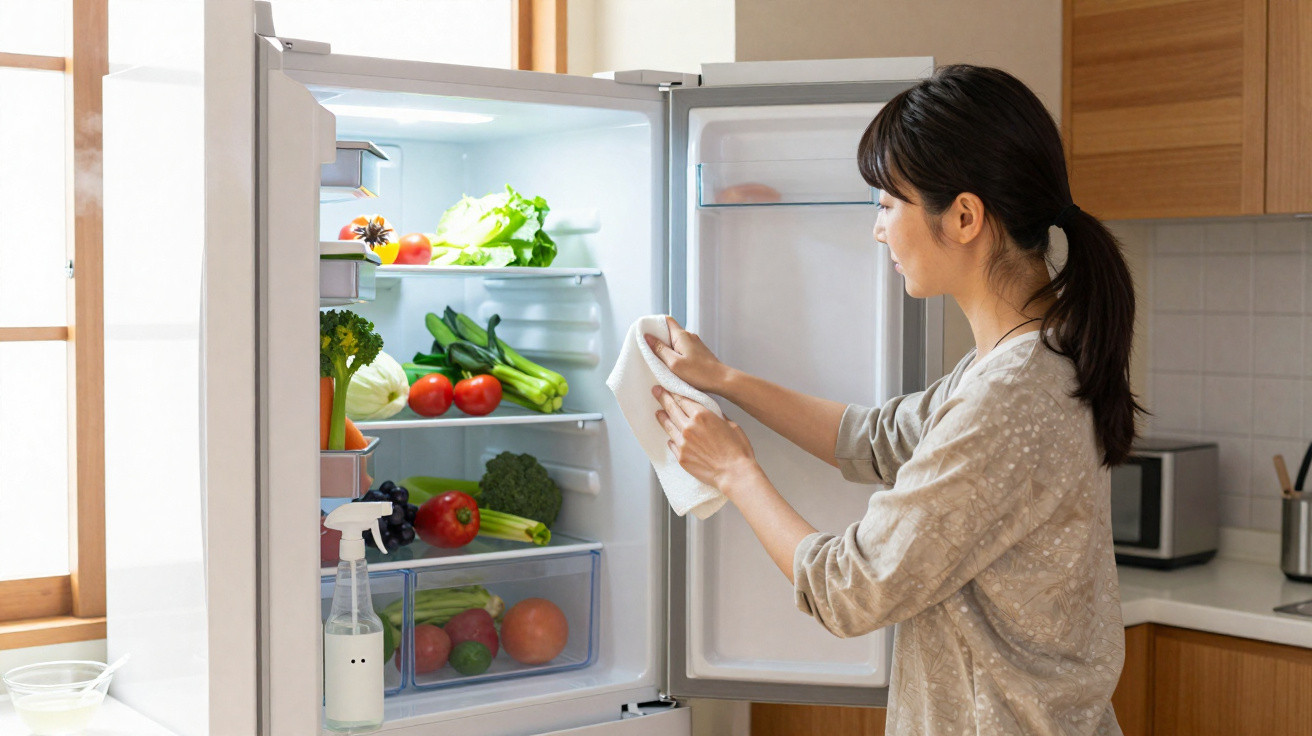 Woman cleaning the inside of an open fridge filled with fresh vegetables in a bright kitchen.