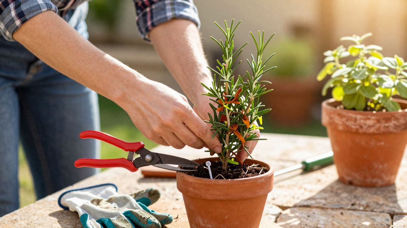 Hands tying a small rosemary plant with orange ties in a terracotta pot on a sunlit garden table.