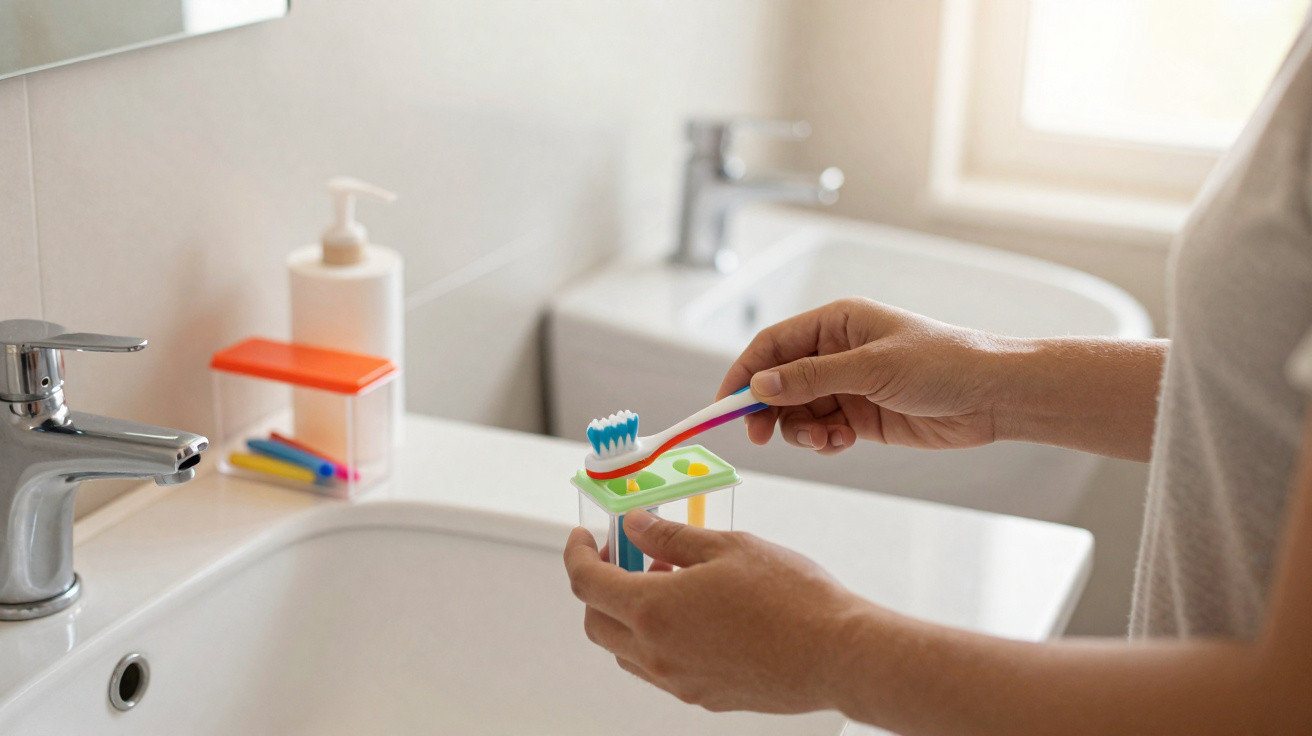 Person applying toothpaste to toothbrush over bathroom sink with toiletries in background