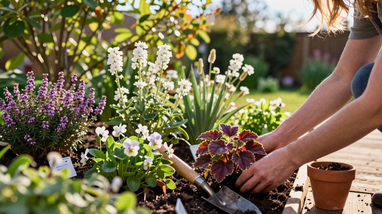 Person planting colourful flowers in a sunlit garden bed with gardening tools and a terracotta pot nearby.