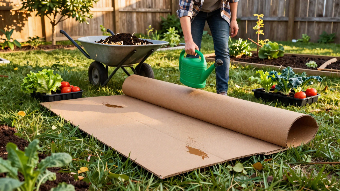 Person watering large cardboard sheet on grass with garden wheelbarrow and vegetable plants nearby.