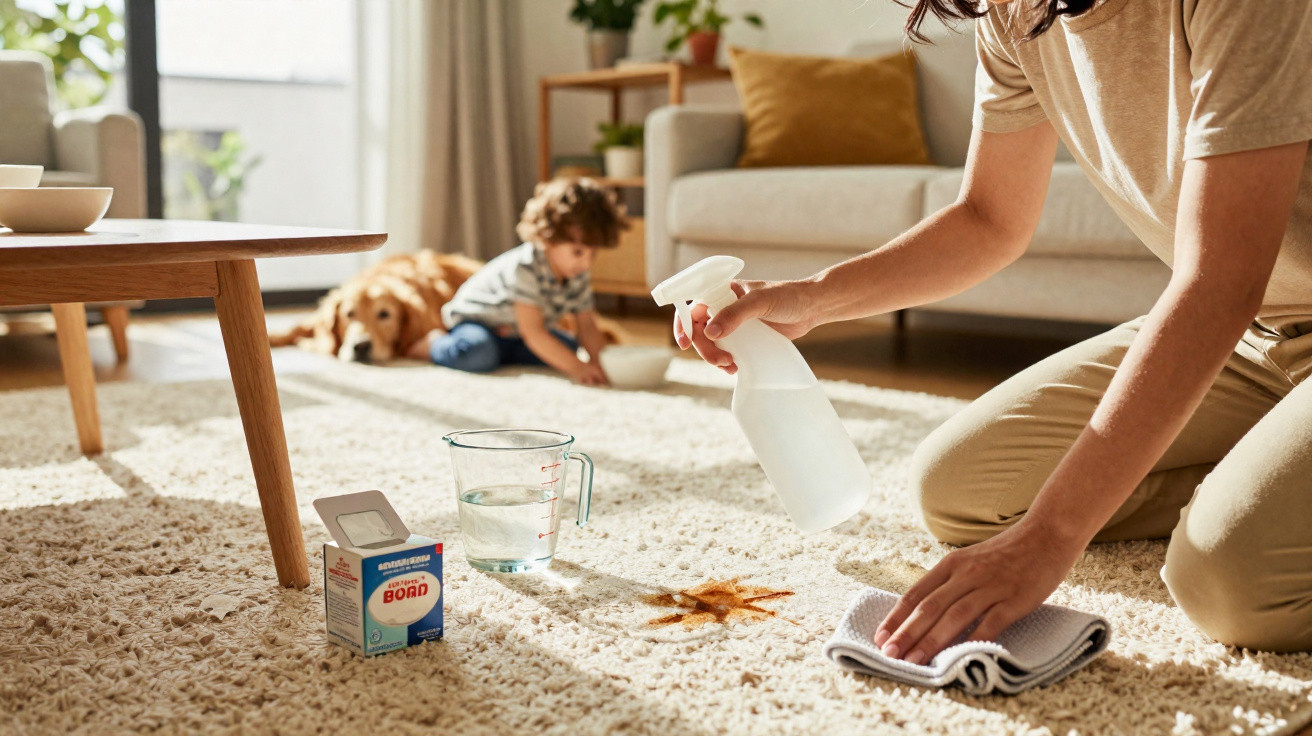 Person cleaning a star-shaped stain on a carpet with a spray bottle and cloth, child and dog in background.