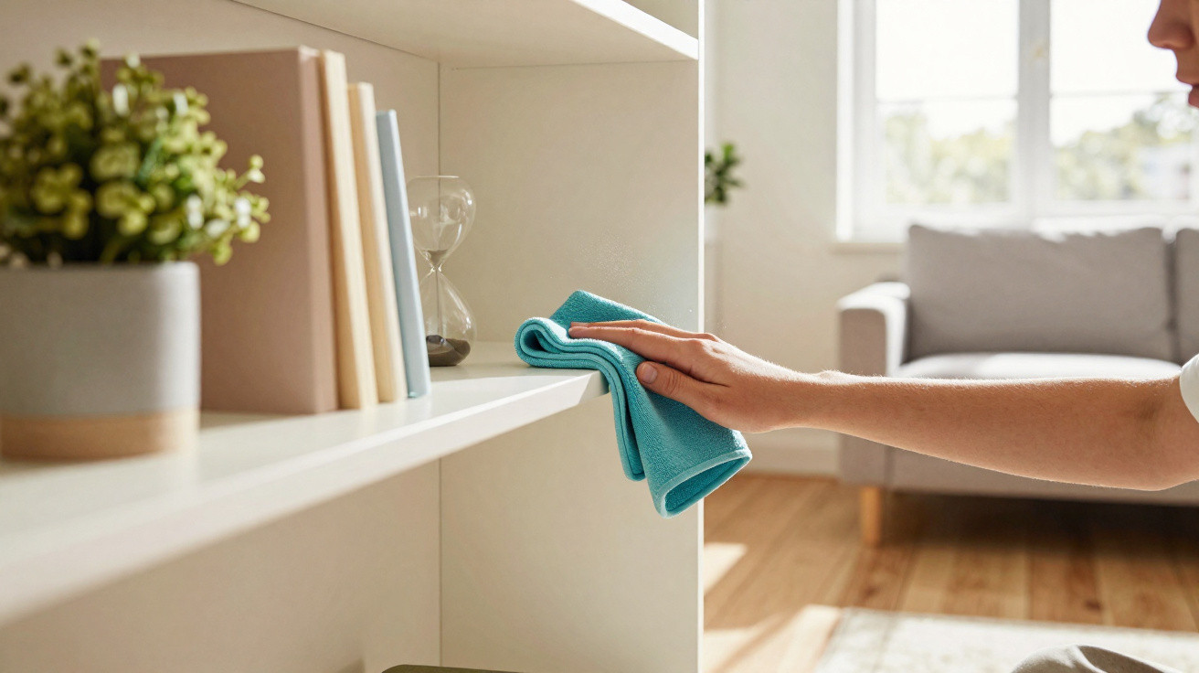 Person cleaning a white shelf with a blue cloth in a sunlit living room with a sofa in the background.
