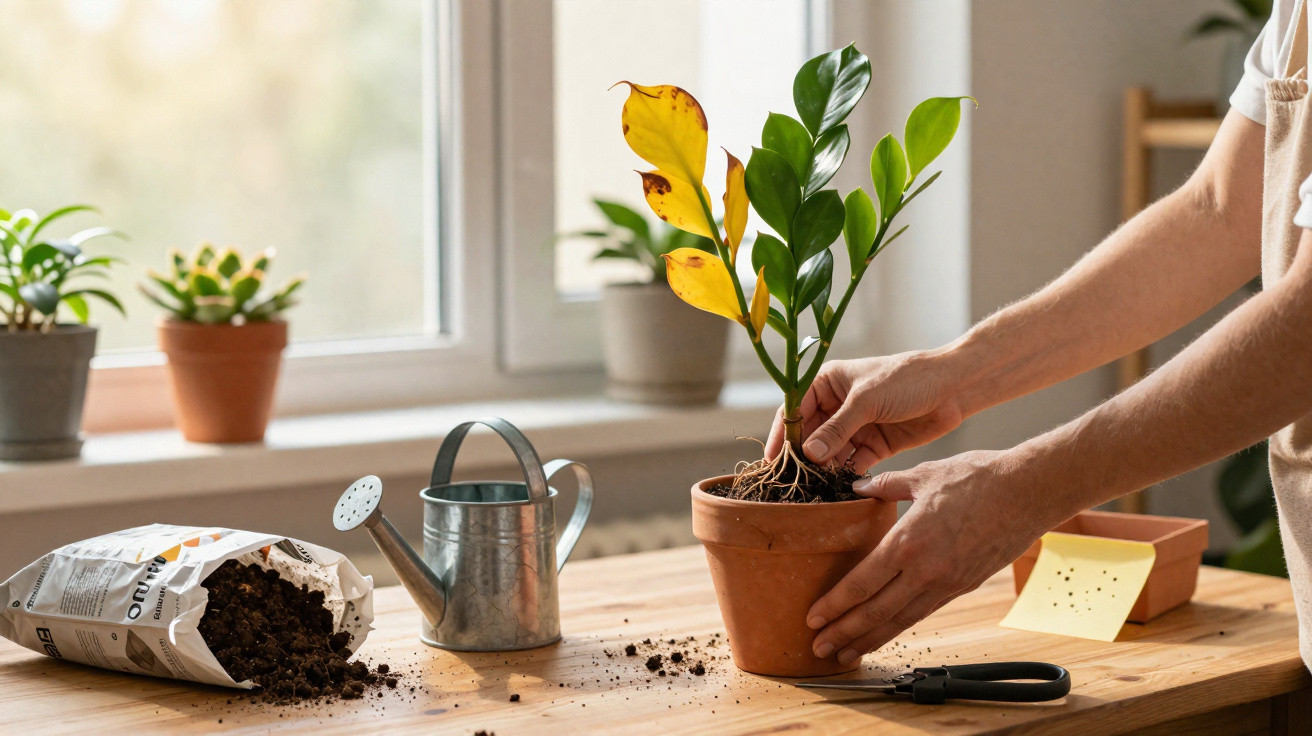 Person repotting a plant with green and yellow leaves on a wooden table near a window with gardening supplies nearby.