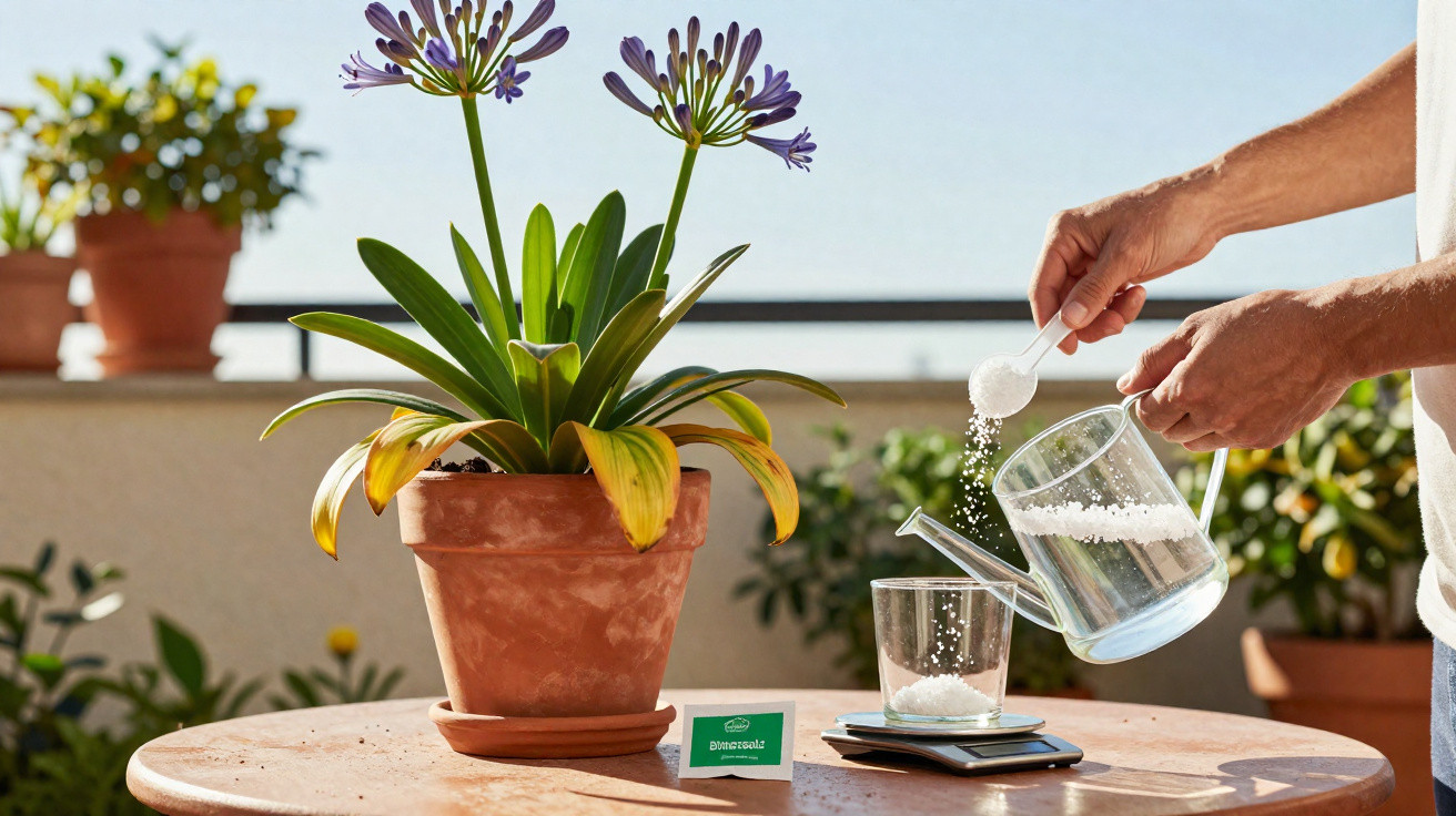Person adding fertilizer to water near a potted flowering plant on a table outdoors.