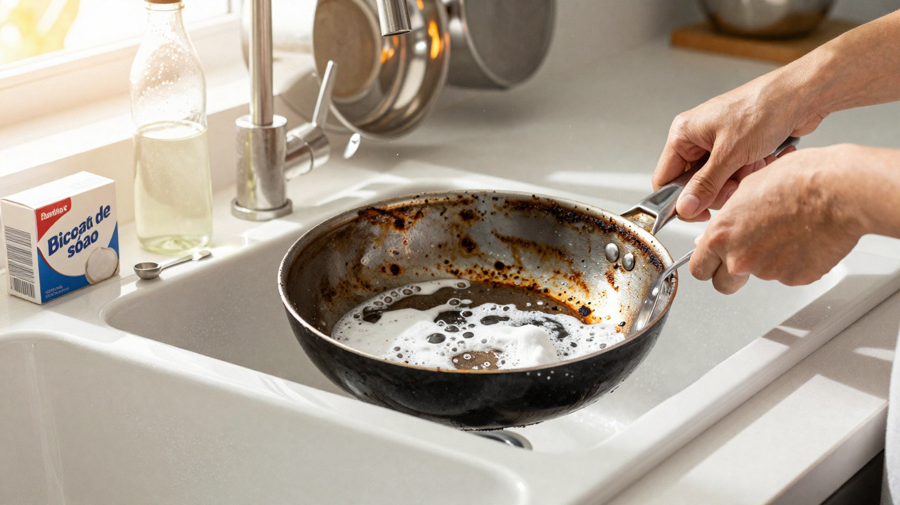 Hands cleaning a burnt frying pan with soap bubbles over a white kitchen sink.