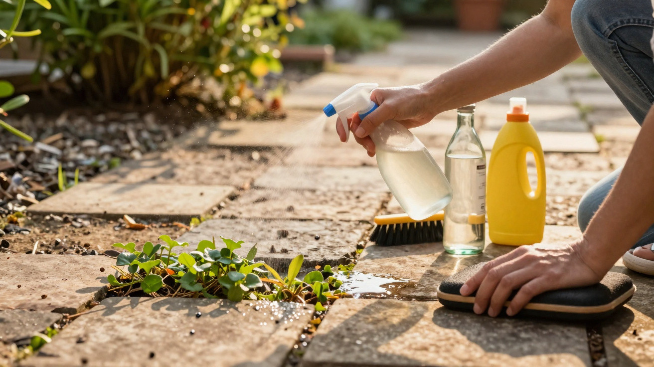 Person spraying weed killer on weeds growing between garden patio stones while scrubbing with a brush.