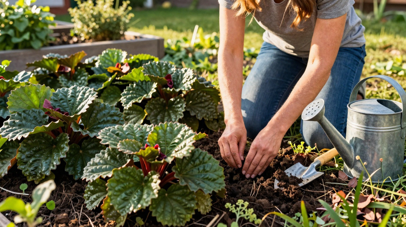 Person planting seedlings in soil in a garden bed with large green leaves and a watering can nearby.