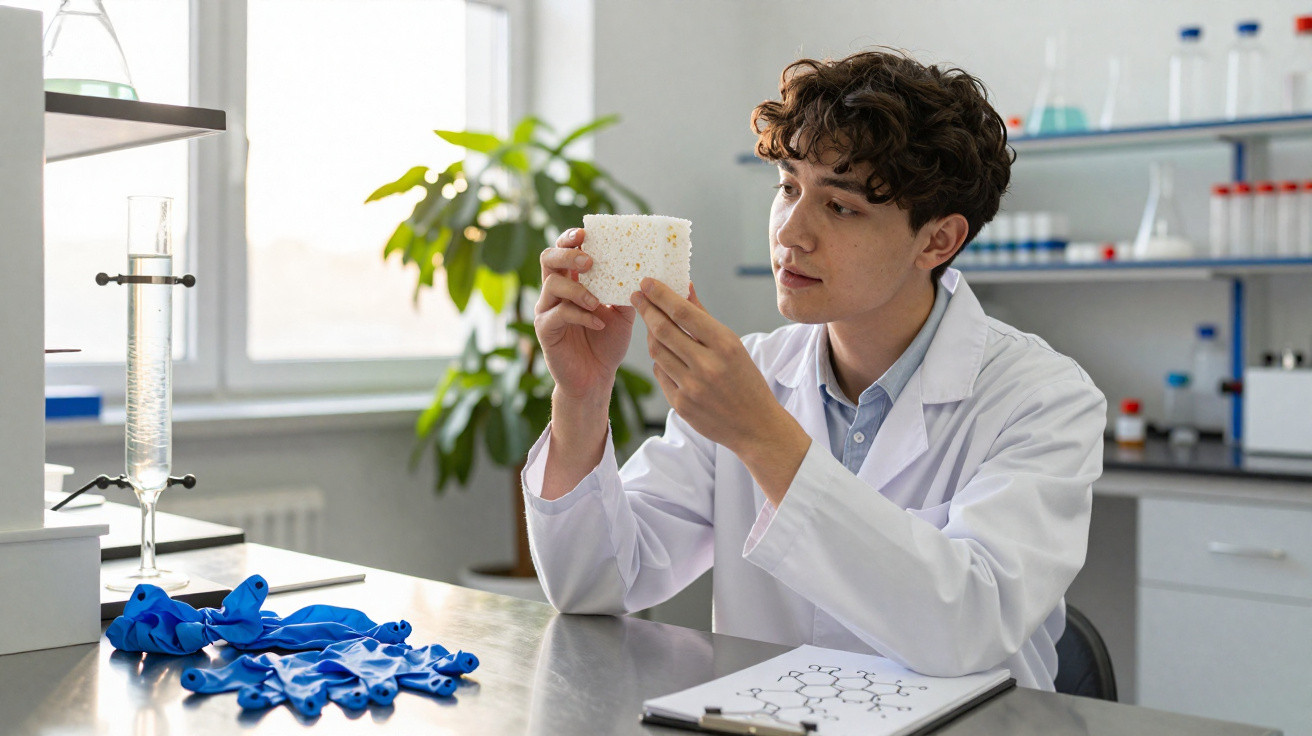 Scientist in lab coat examining a white porous material in a bright laboratory setting.