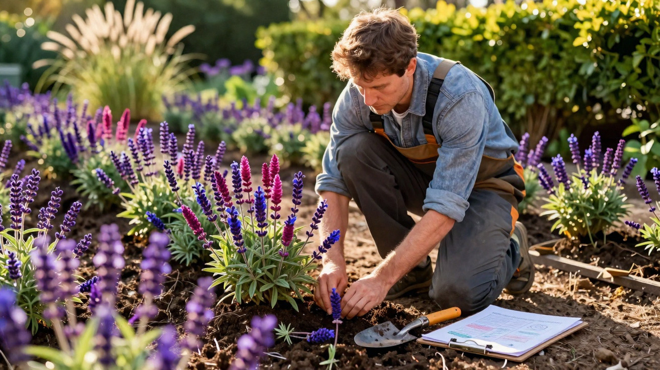 Man in overalls planting purple and pink flowers in a garden with a clipboard and trowel on the soil.