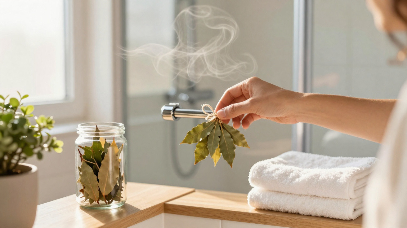Hand holding a tied bunch of bay leaves releasing steam over a bathroom sink with towels and a plant nearby.