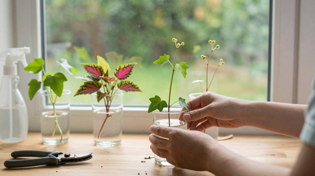 Hands arranging seedlings in water glasses on a wooden windowsill with pruning shears and a spray bottle nearby.