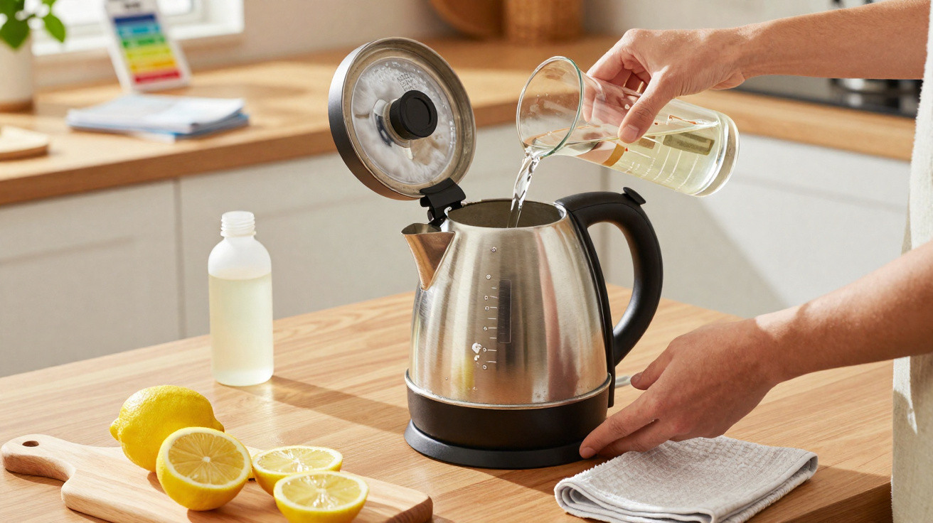 Person pouring water from a glass into a stainless steel electric kettle on a kitchen counter.