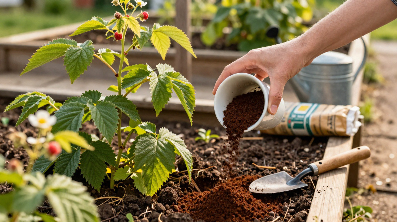 Hand pouring coffee grounds onto soil near a raspberry plant in a raised garden bed with gardening tools nearby.