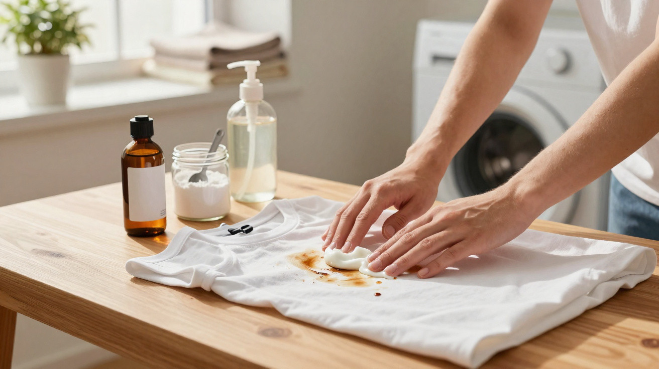 Person treating a brown stain on a white t-shirt with cleaning products on a wooden table in a laundry room.