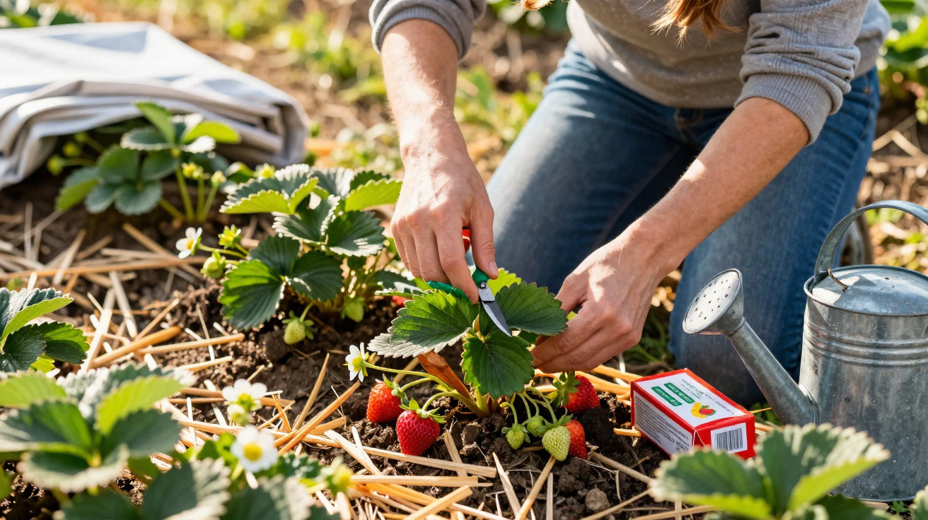 Person using pruning shears to trim a strawberry plant in a garden bed with ripe strawberries and a watering can nearby