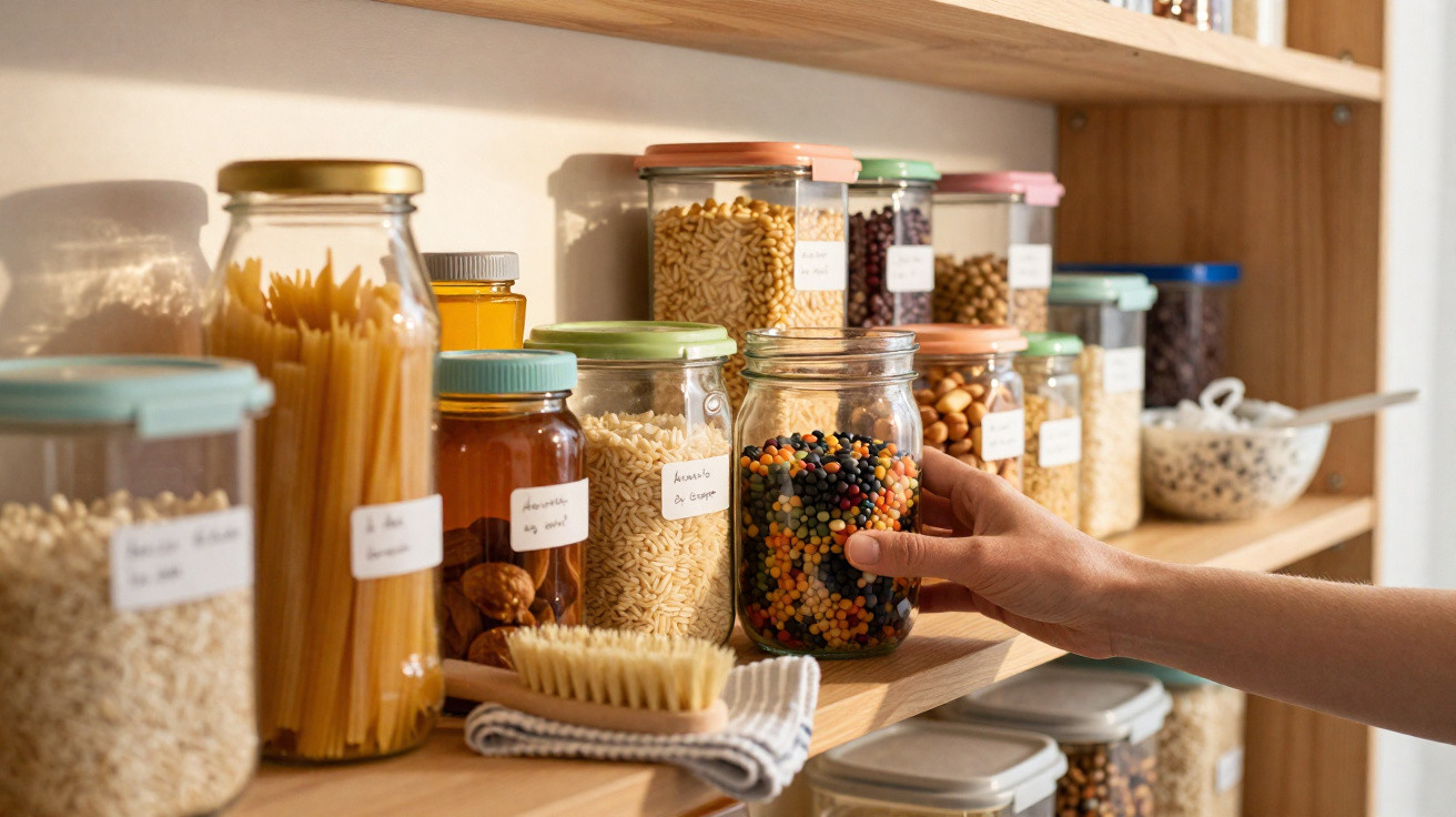 Hand reaching for a jar of mixed lentils on a wooden kitchen shelf with jars of pasta and grains.