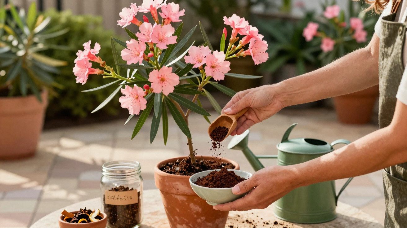 Person adding soil to a potted pink flowering plant on a sunlit patio table.