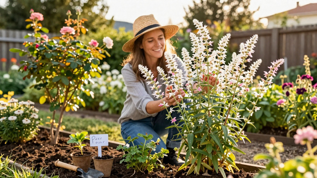 Woman wearing a hat tending to white flowering plants in a sunny garden with labelled seedlings nearby.