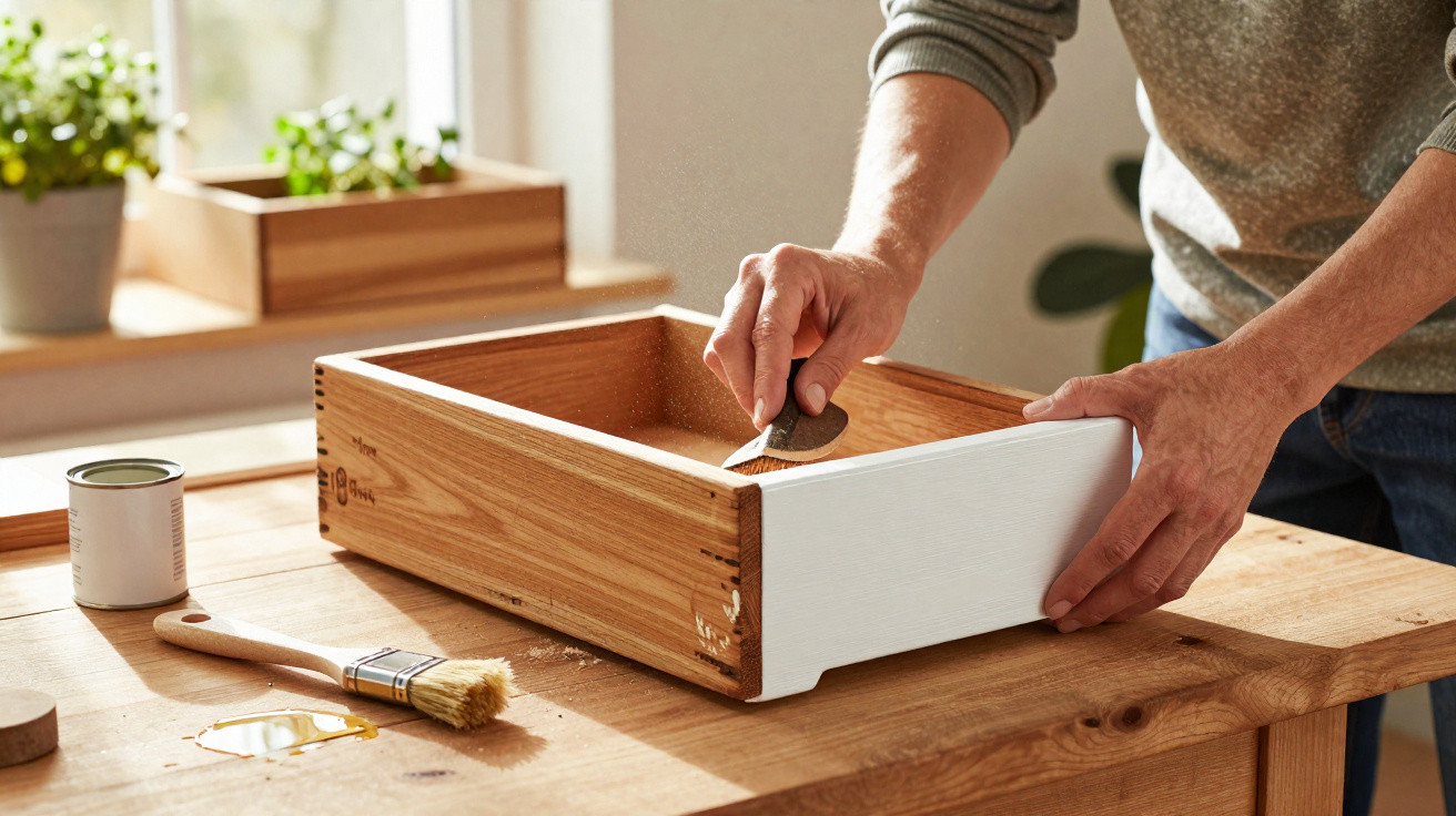 Person sanding a wooden drawer painted white on a wooden workbench with paintbrush and can nearby