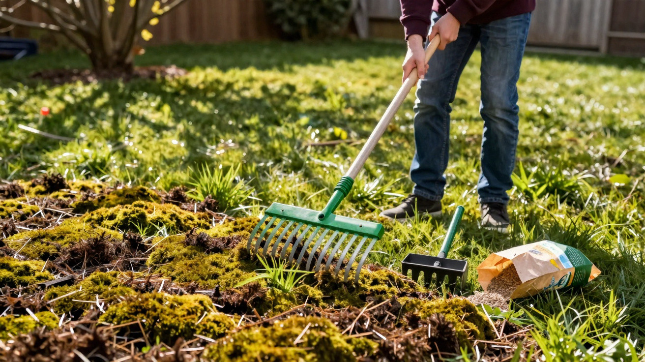 Person raking moss and grass in a garden with gardening tools and seed bag on the grass nearby.